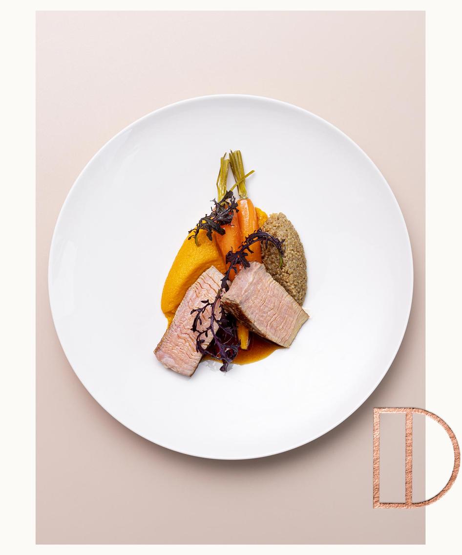 Plat dîner Madame Brasserie echine de cochon du Cantal, carotte et quinoa
